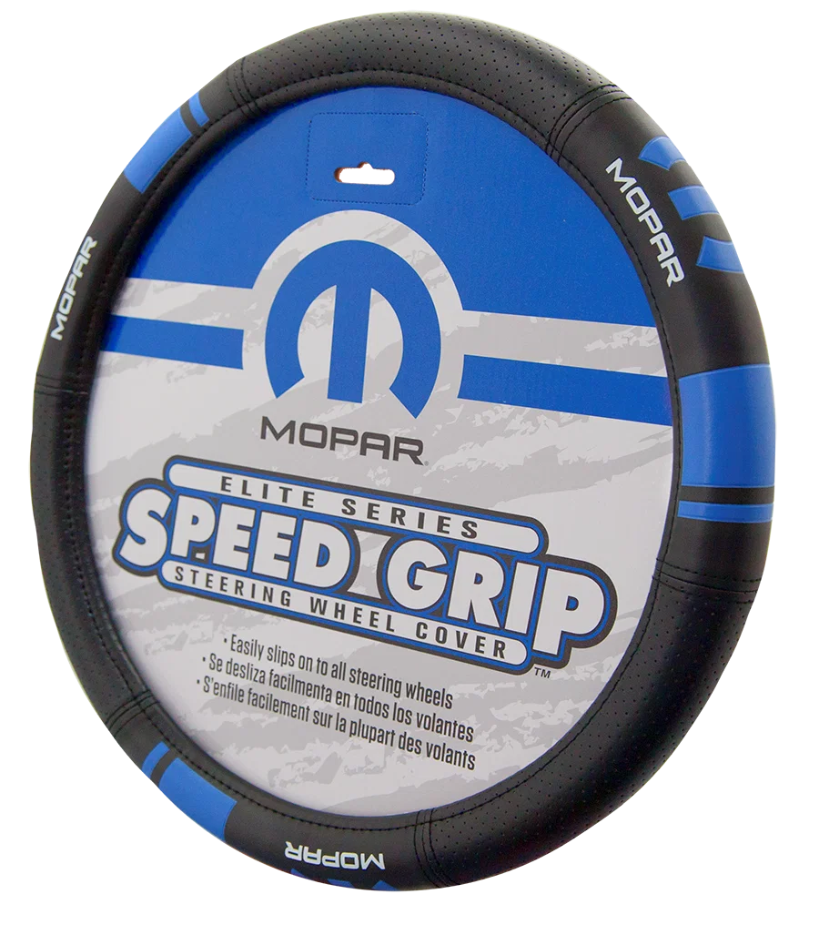 006761R02 – PLASTICOLOR Steering Wheel Cover, Universal Mopar Logo Blue/Black Rubber With Burlwood